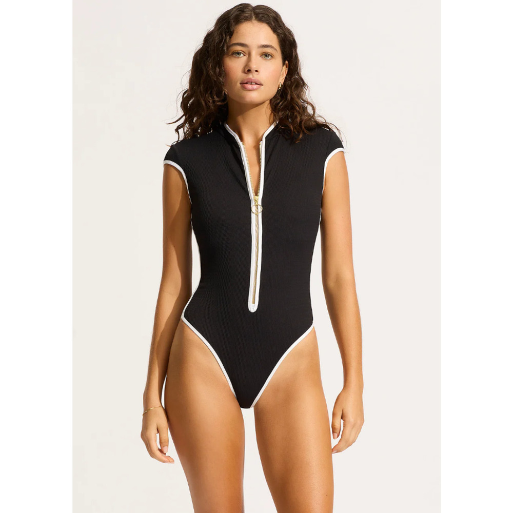 Seafolly Black One-Piece Swimsuit with White Trim